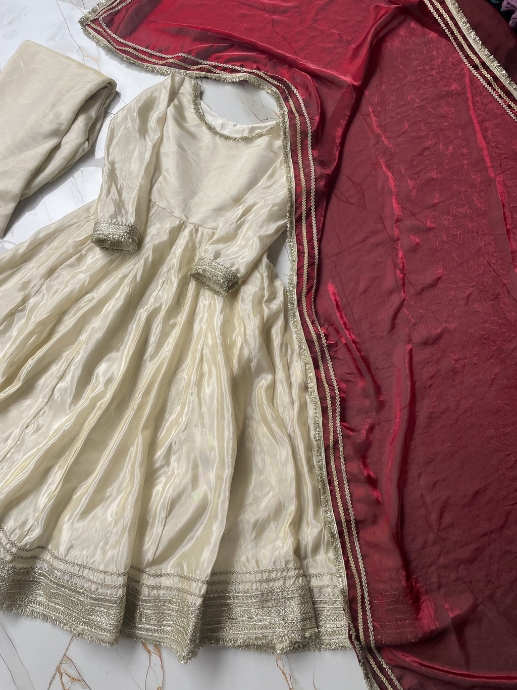 OFF WHITE ANARKALI WITH MAROON DUPATTA