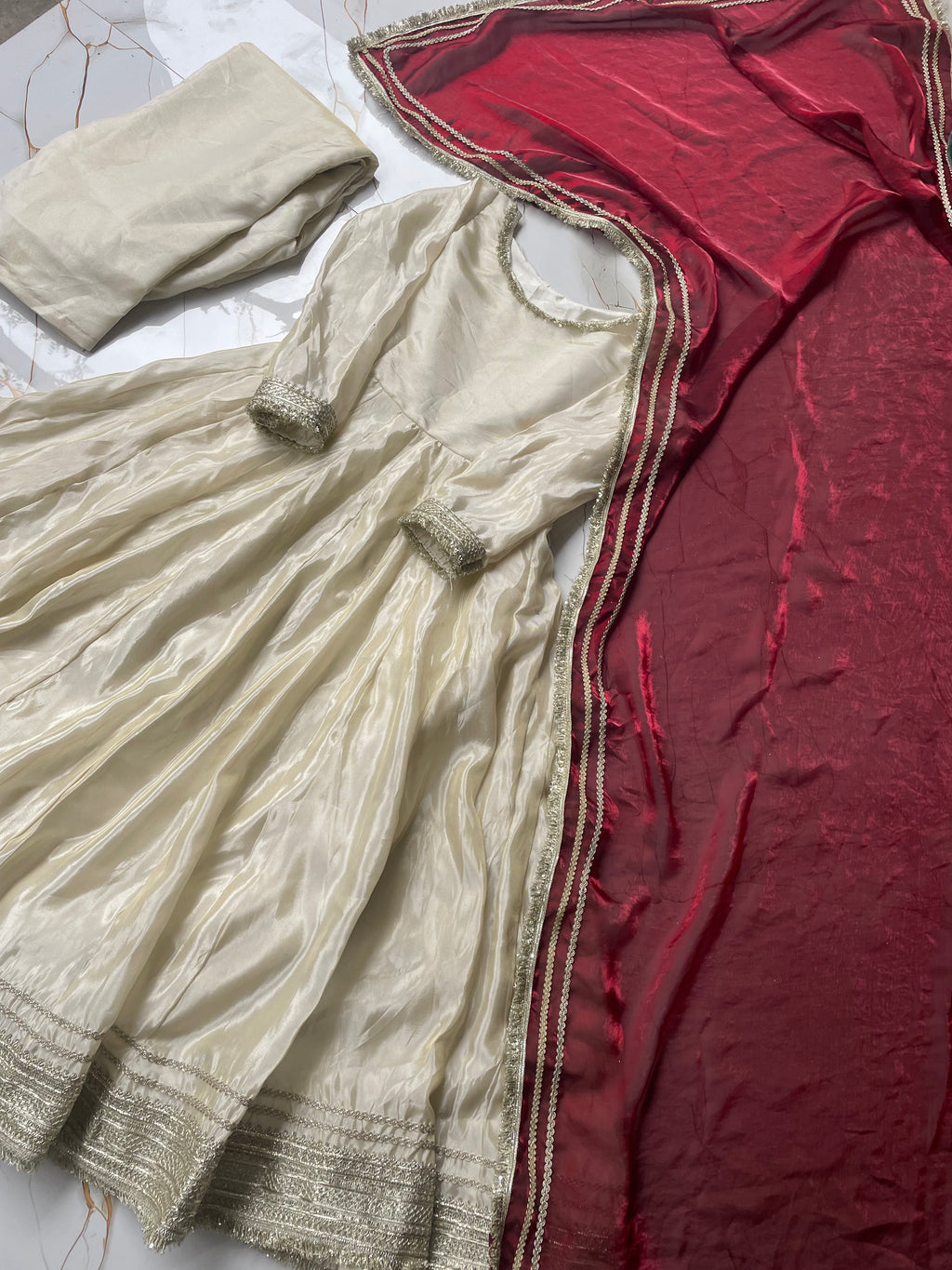 OFF WHITE ANARKALI WITH MAROON DUPATTA