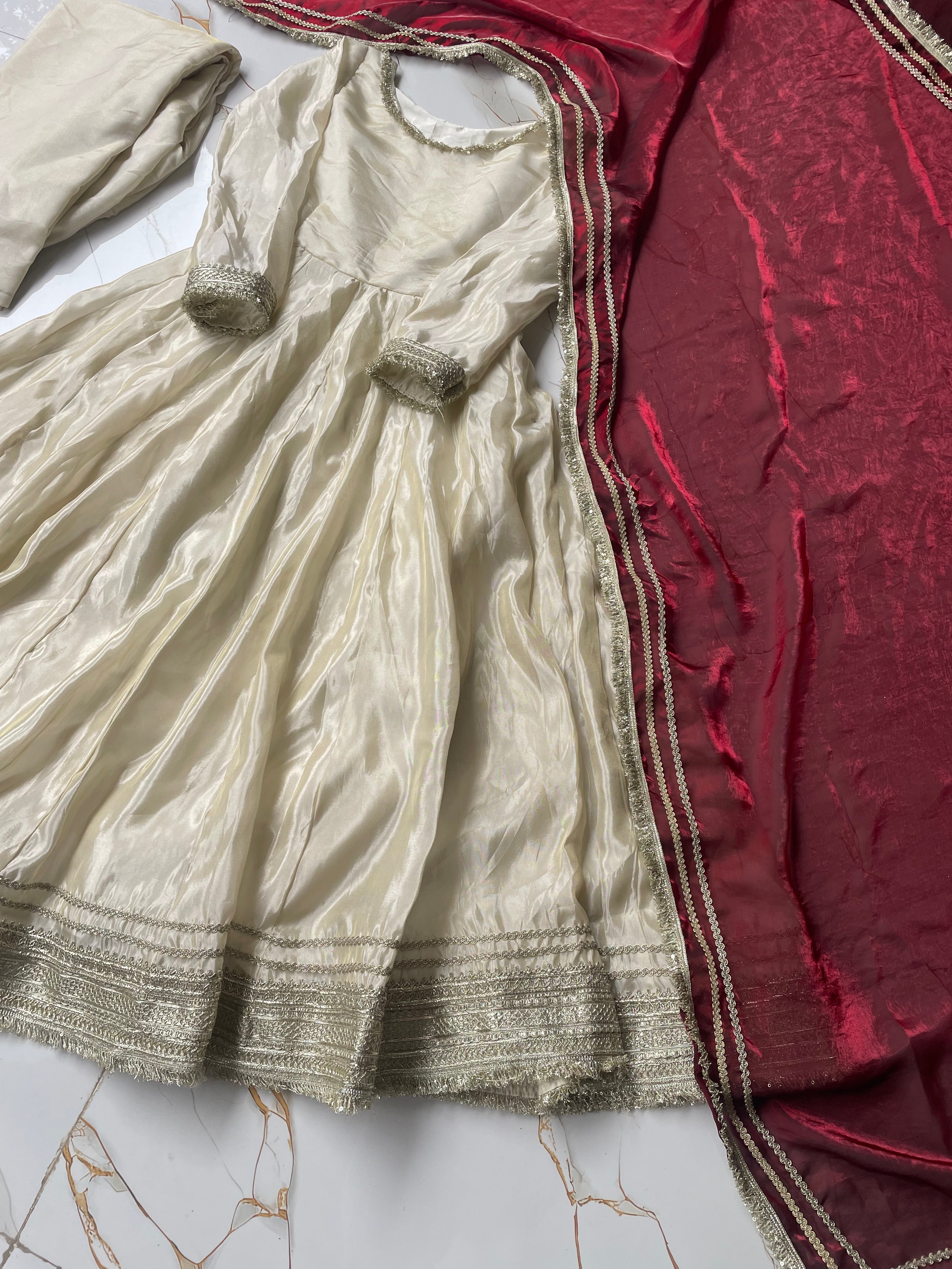 OFF WHITE ANARKALI WITH MAROON DUPATTA