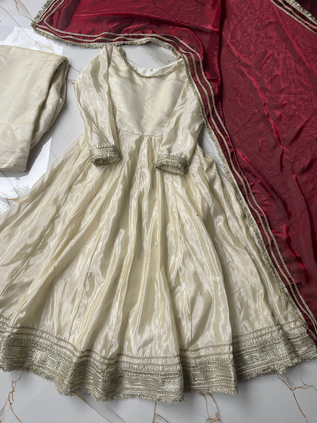 OFF WHITE ANARKALI WITH MAROON DUPATTA