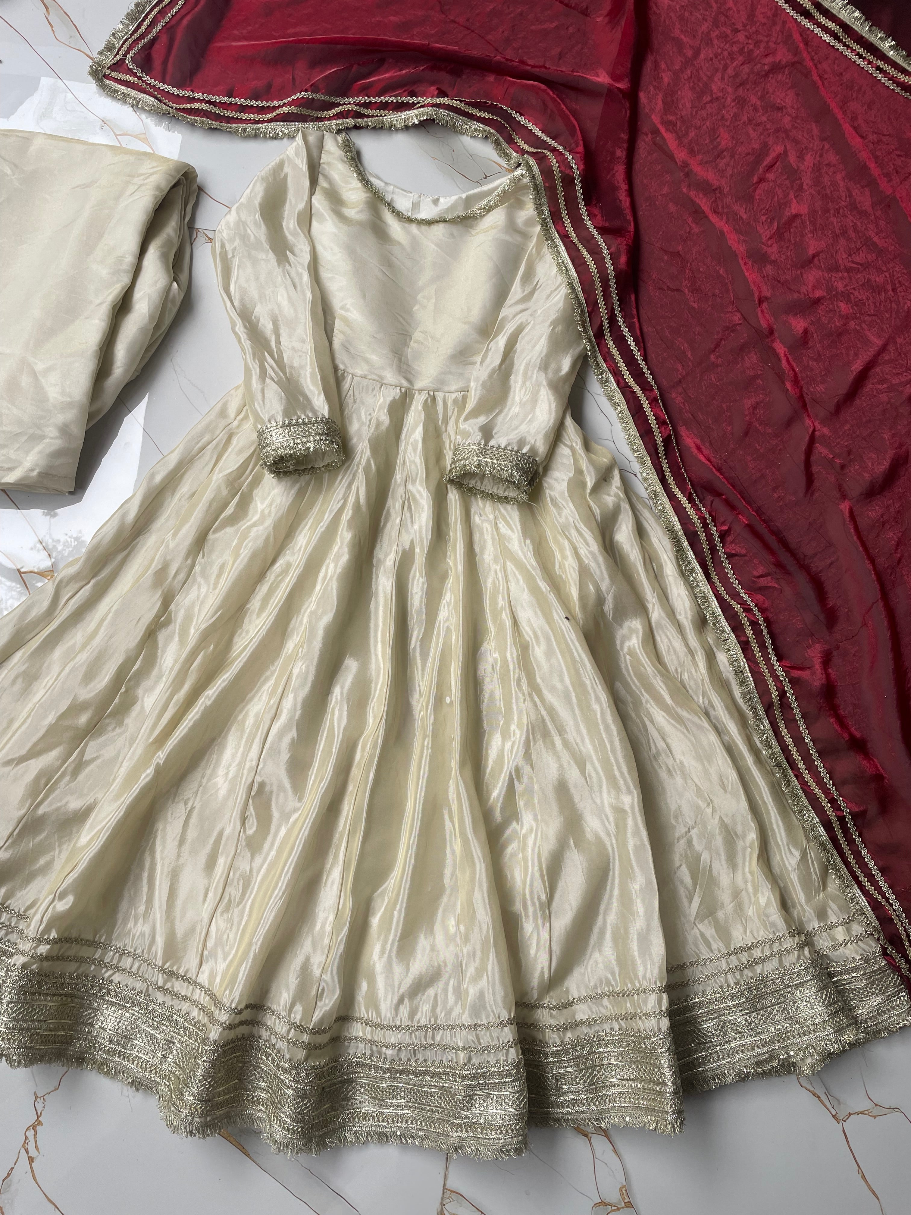 OFF WHITE ANARKALI WITH MAROON DUPATTA
