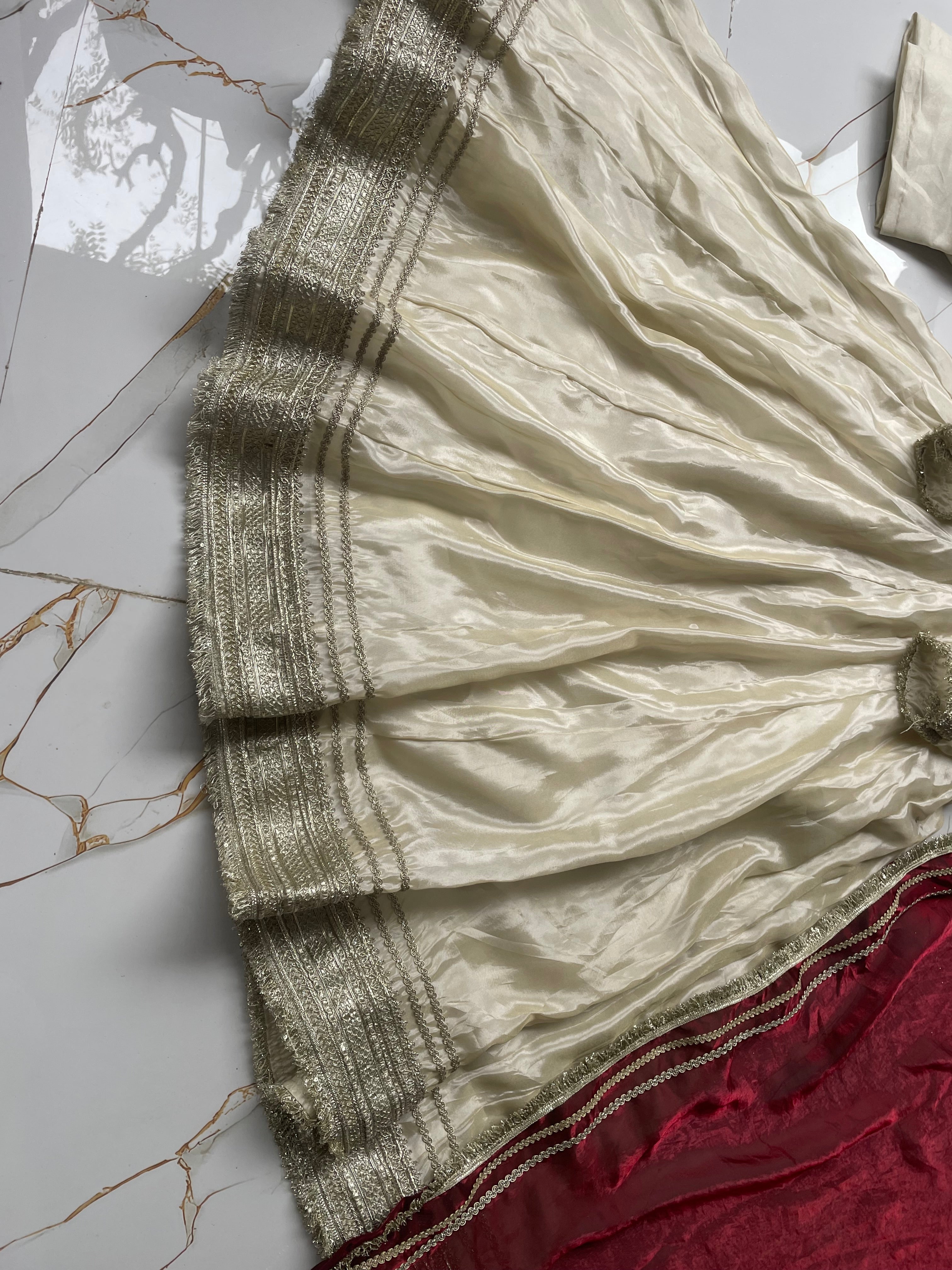 OFF WHITE ANARKALI WITH MAROON DUPATTA